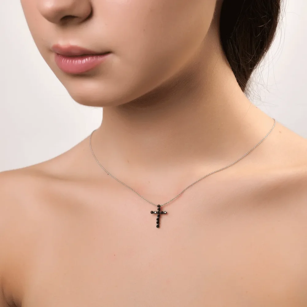 Lant cu pandantiv cruce din aur alb cu diamante negre de 0.43ct - imagine 4