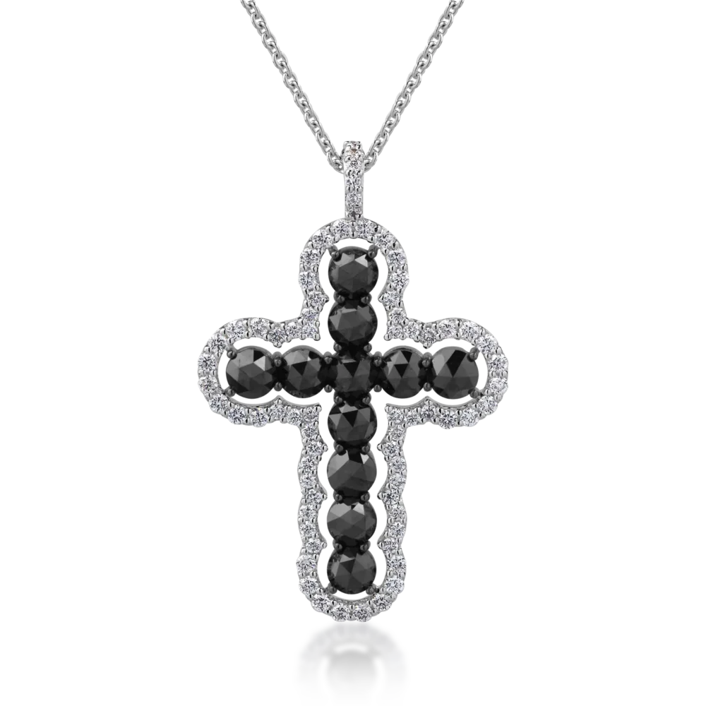Lant cu pandantiv cruce din aur alb cu diamante negre rose de 1.9ct si diamante transparente de 0.5ct