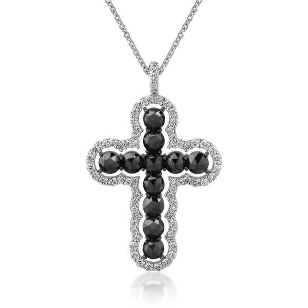 Lant cu pandantiv cruce din aur alb cu diamante negre rose de 1.9ct si diamante transparente de 0.5ct