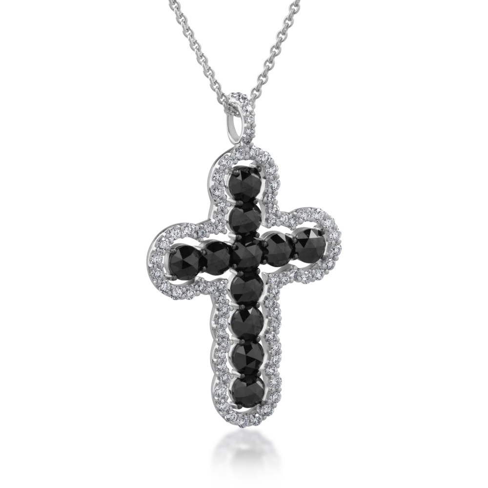 Lant cu pandantiv cruce din aur alb cu diamante negre rose de 1.9ct si diamante transparente de 0.5ct - imagine 2