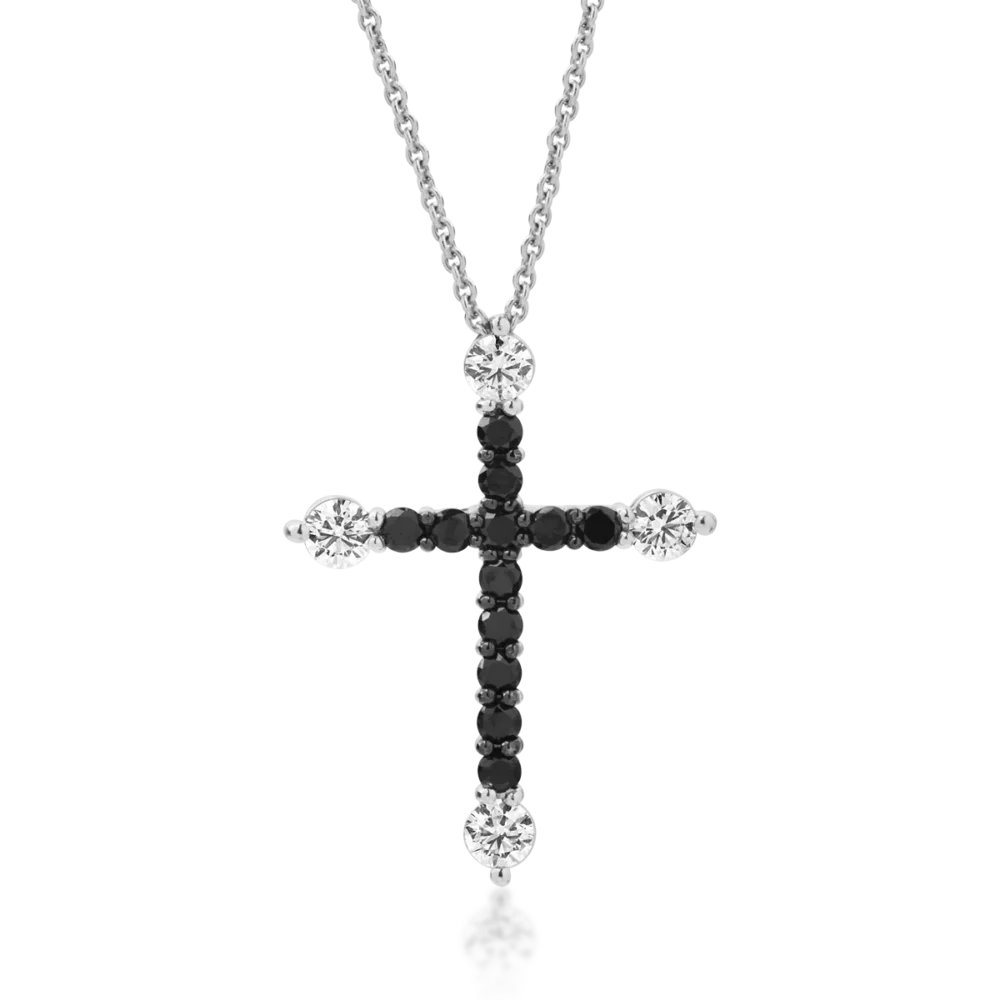 Lant cu pandantiv cruce din aur alb cu diamante transparente de 0.5ct si diamante negre de 0.53ct