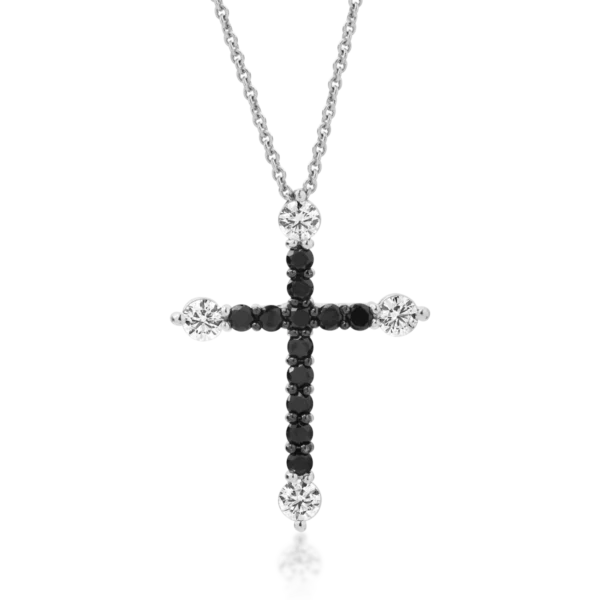 Lant cu pandantiv cruce din aur alb cu diamante transparente de 0.5ct si diamante negre de 0.53ct