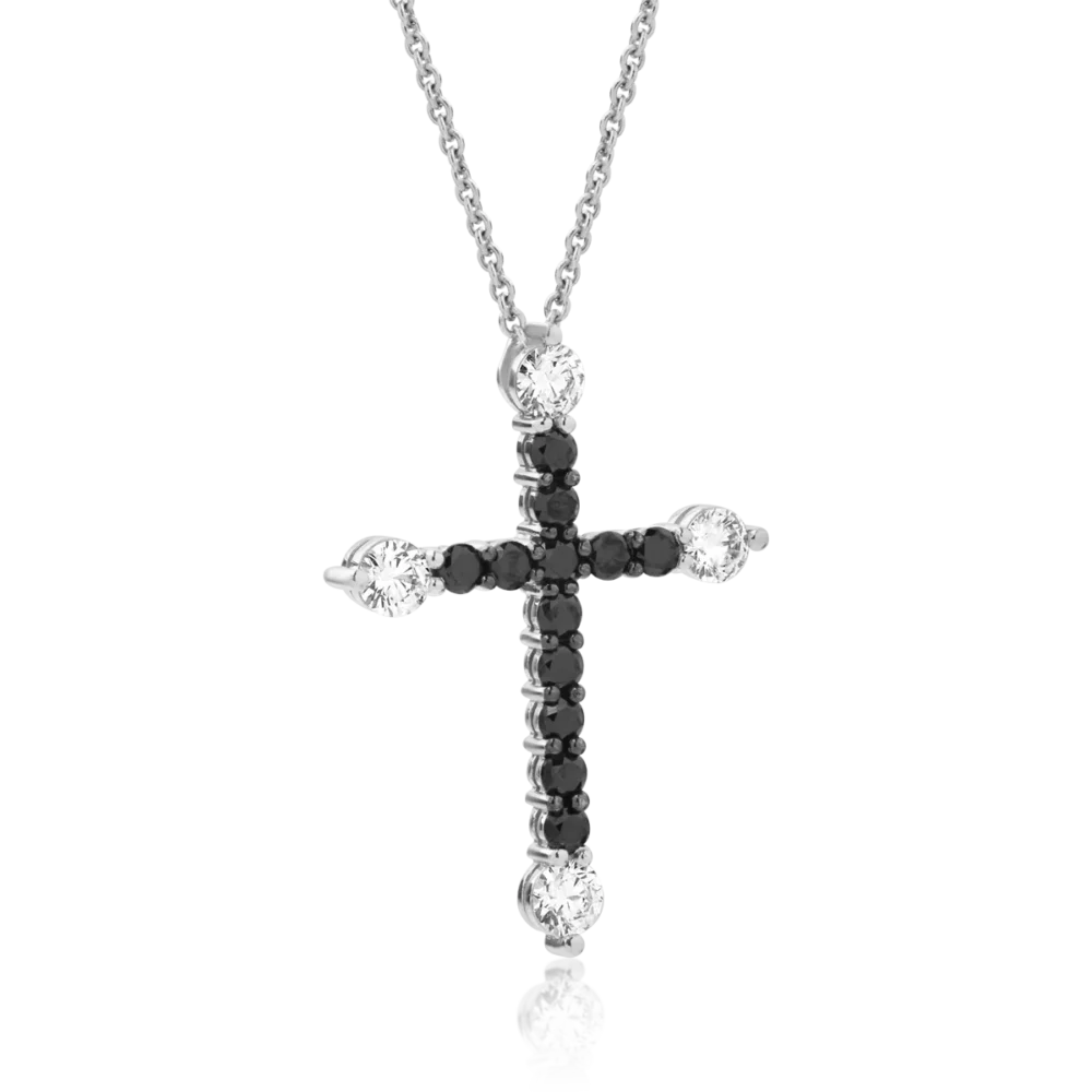 Lant cu pandantiv cruce din aur alb cu diamante transparente de 0.5ct si diamante negre de 0.53ct - imagine 2
