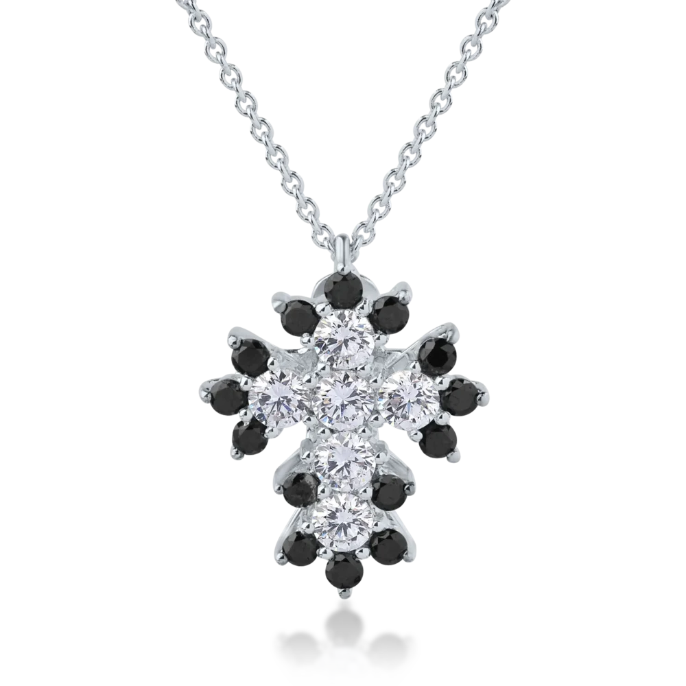Lant cu pandantiv cruce din aur alb cu diamante transparente de 0.61ct si diamante negre de 0.41ct