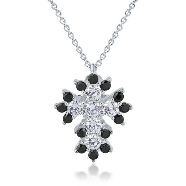 Lant cu pandantiv cruce din aur alb cu diamante transparente de 0.61ct si diamante negre de 0.41ct