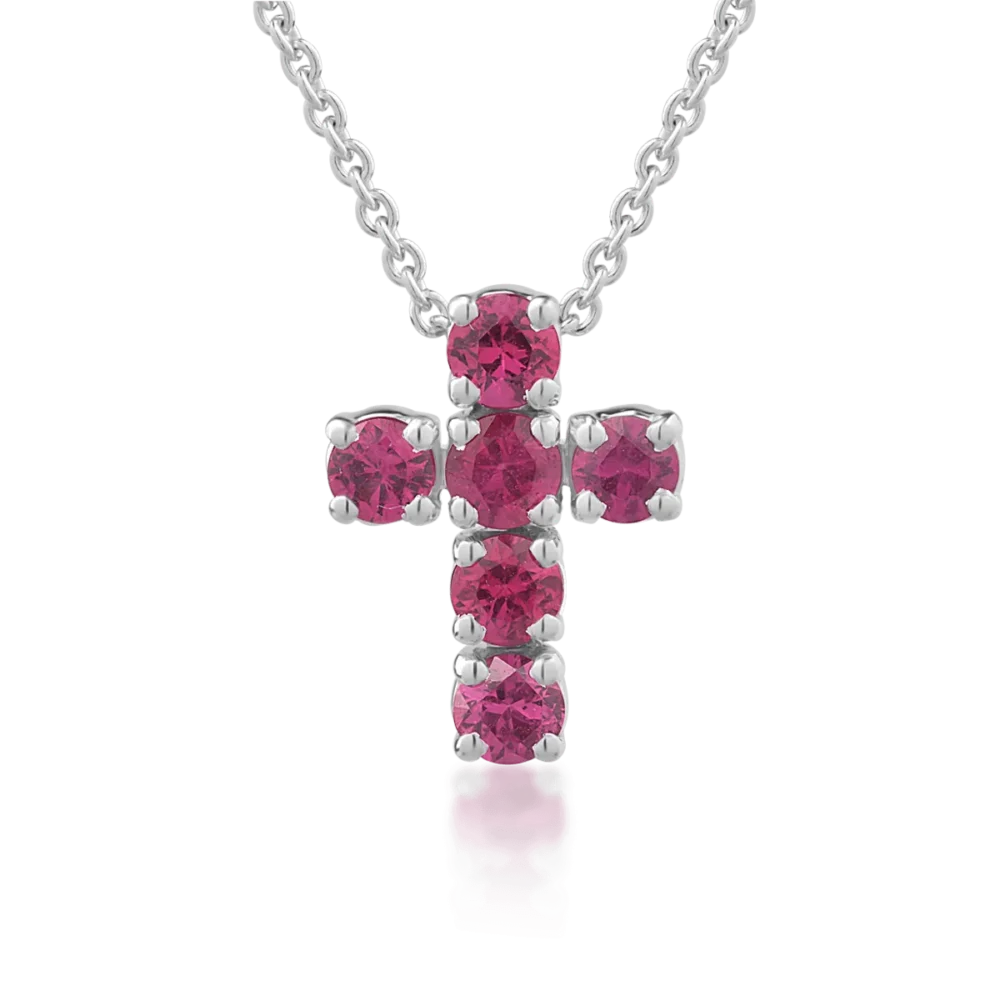 Lant cu pandantiv cruce din aur alb cu rubine de 0.72ct