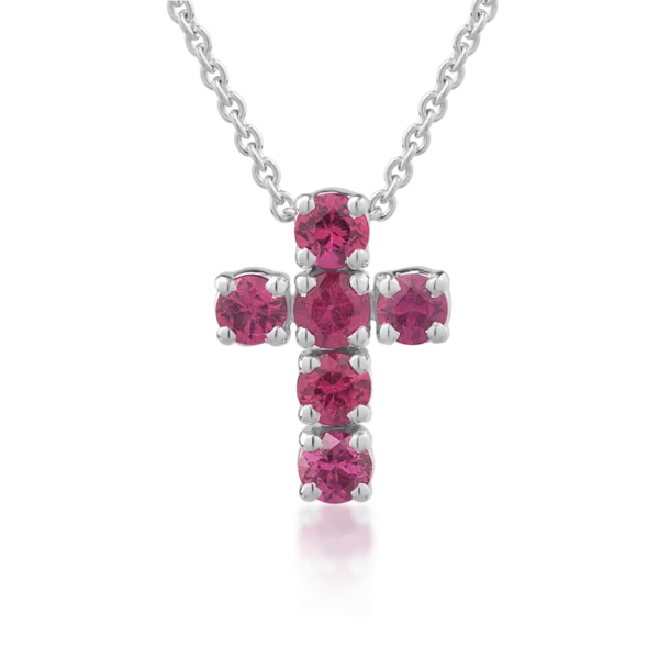 Lant cu pandantiv cruce din aur alb cu rubine de 0.72ct