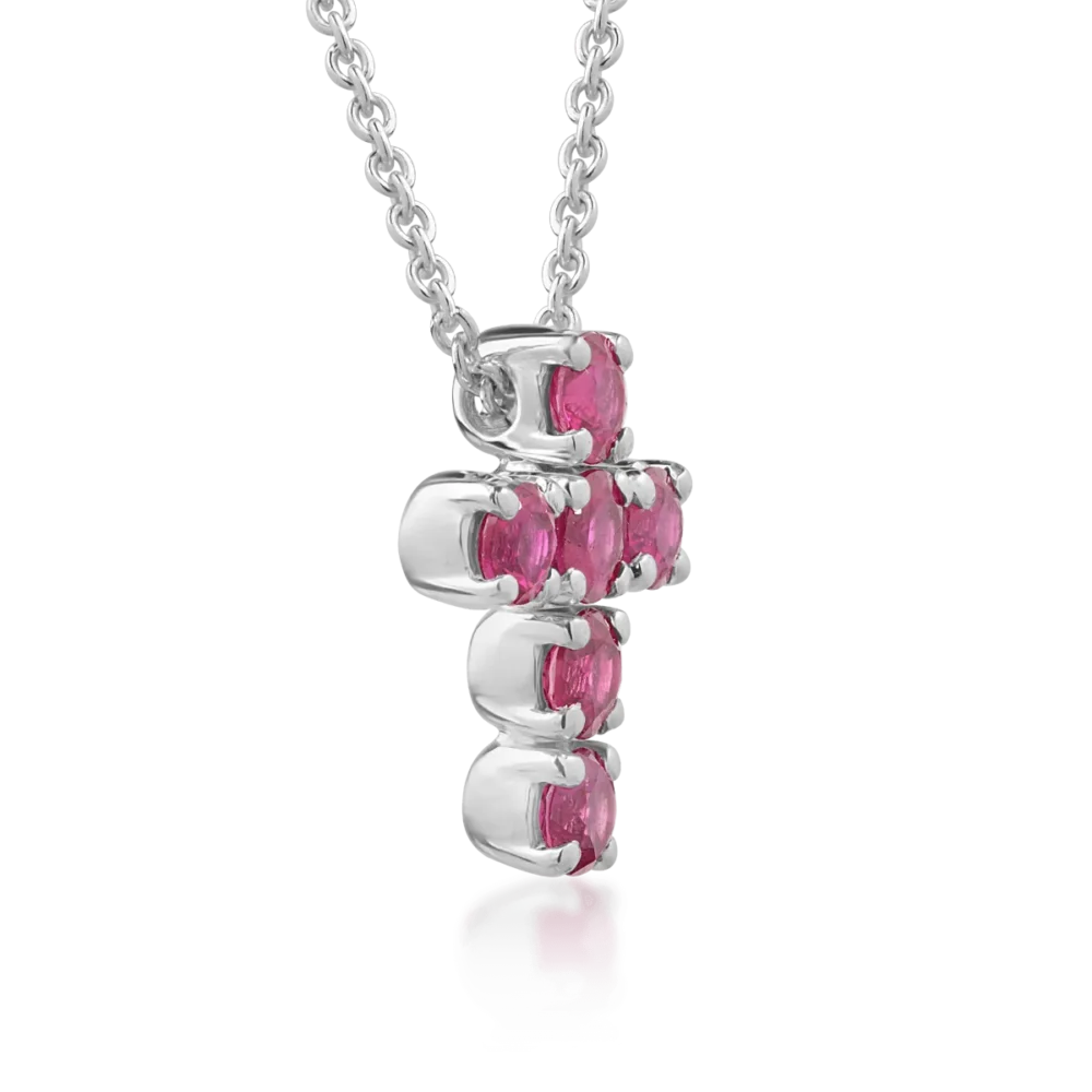 Lant cu pandantiv cruce din aur alb cu rubine de 0.72ct - imagine 3
