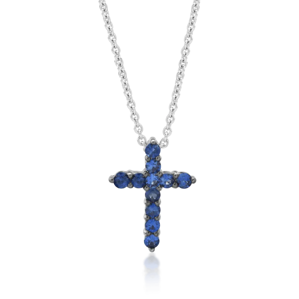 Lant cu pandantiv cruce din aur alb cu safire de 0.35ct