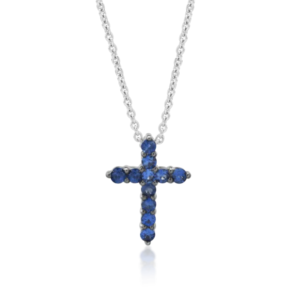 Lant cu pandantiv cruce din aur alb cu safire de 0.35ct