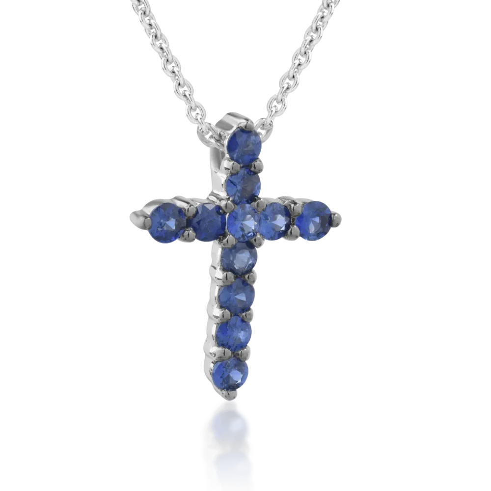 Lant cu pandantiv cruce din aur alb cu safire de 0.35ct - imagine 2