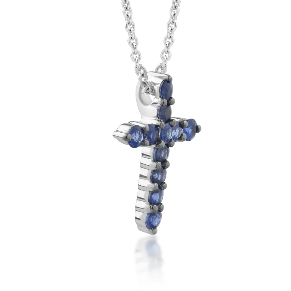 Lant cu pandantiv cruce din aur alb cu safire de 0.35ct - imagine 3