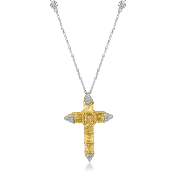 Lant cu pandantiv cruce din aur alb-galben cu diamante cushion si rotunde de 2.78ct