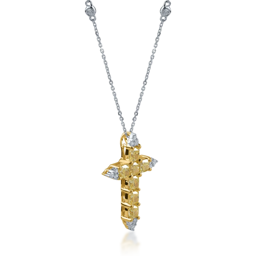 Lant cu pandantiv cruce din aur alb-galben cu diamante cushion si rotunde de 2.78ct - imagine 2