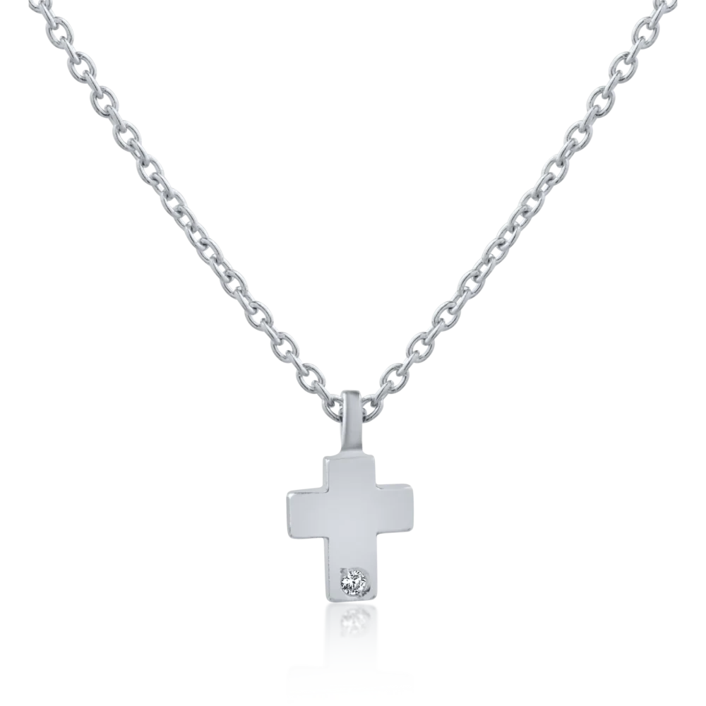 Lant cu pandantiv cruce din aur alb si zirconia