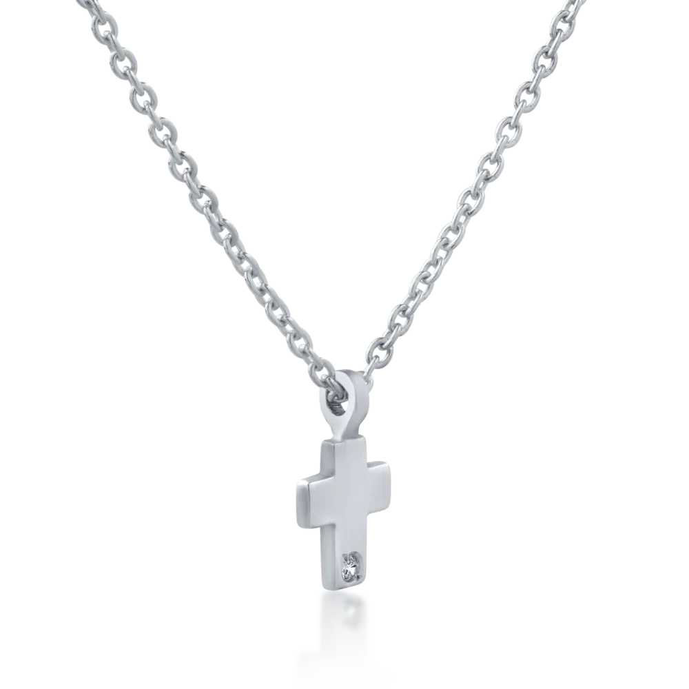 Lant cu pandantiv cruce din aur alb si zirconia - imagine 2