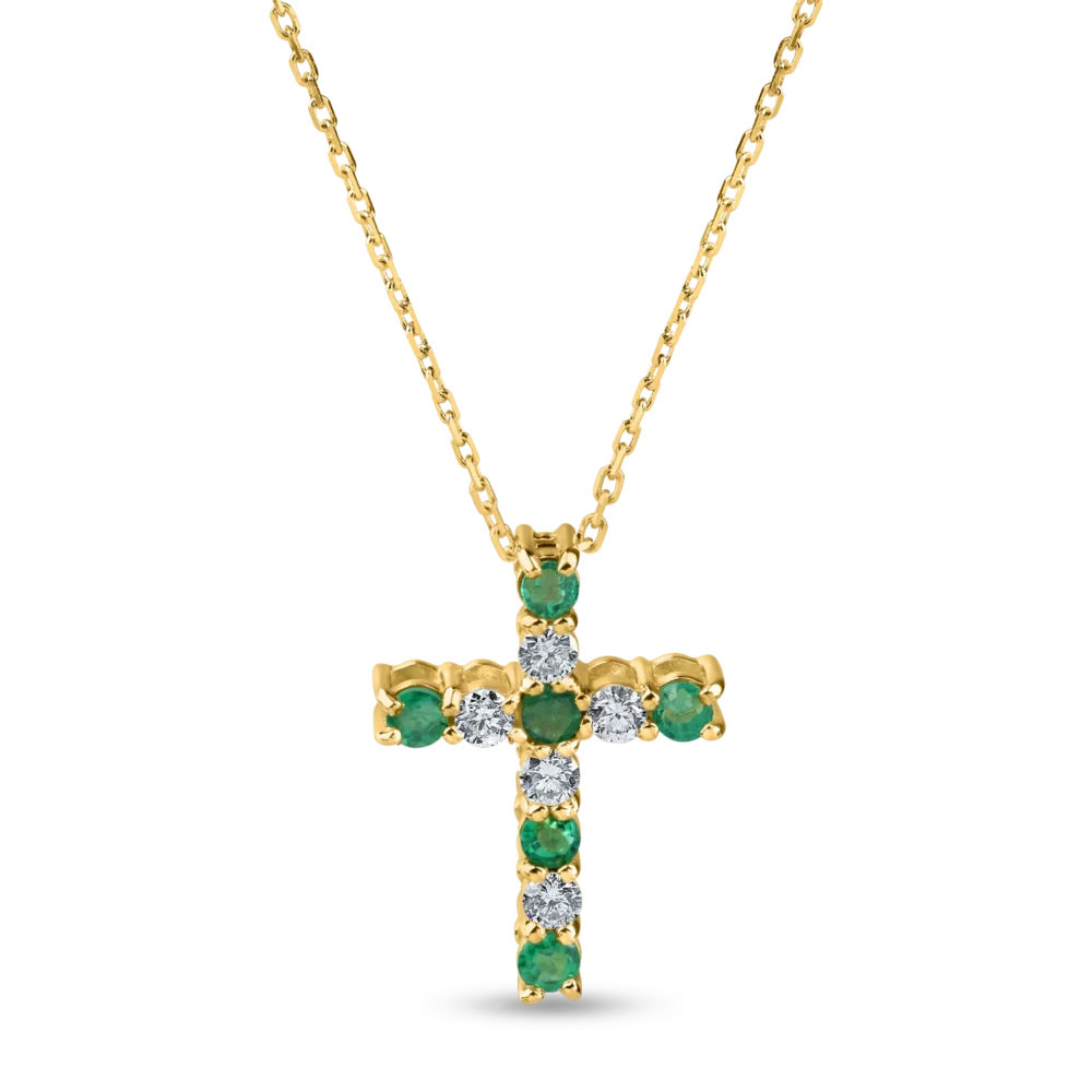 Lant cu pandantiv cruce din aur galben cu diamante de 0.1ct si smaralde de 0.1ct
