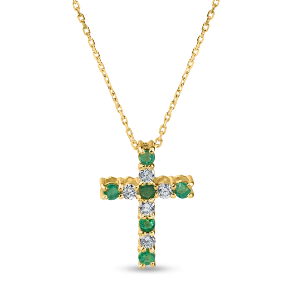 Lant cu pandantiv cruce din aur galben cu diamante de 0.1ct si smaralde de 0.1ct