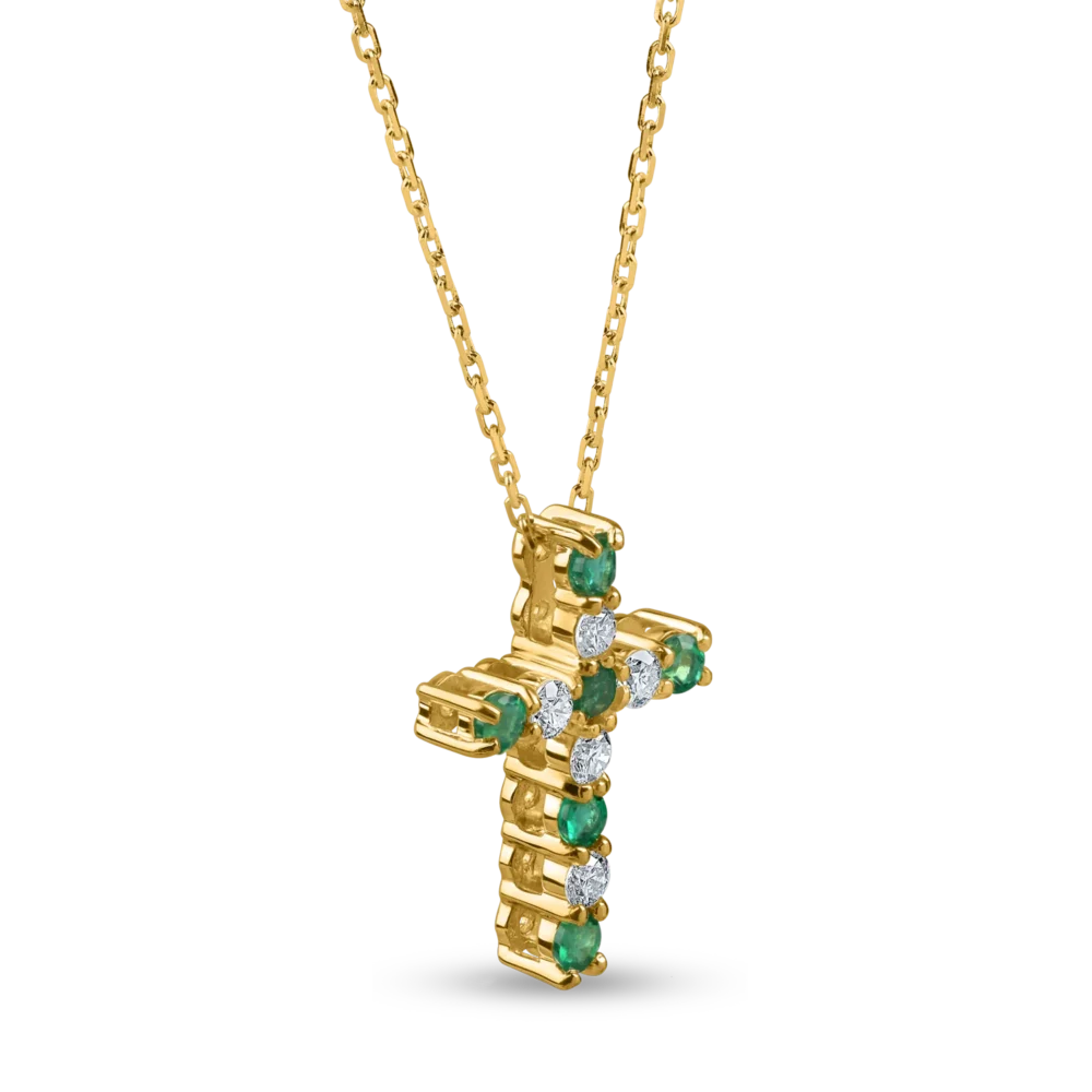 Lant cu pandantiv cruce din aur galben cu diamante de 0.1ct si smaralde de 0.1ct - imagine 2