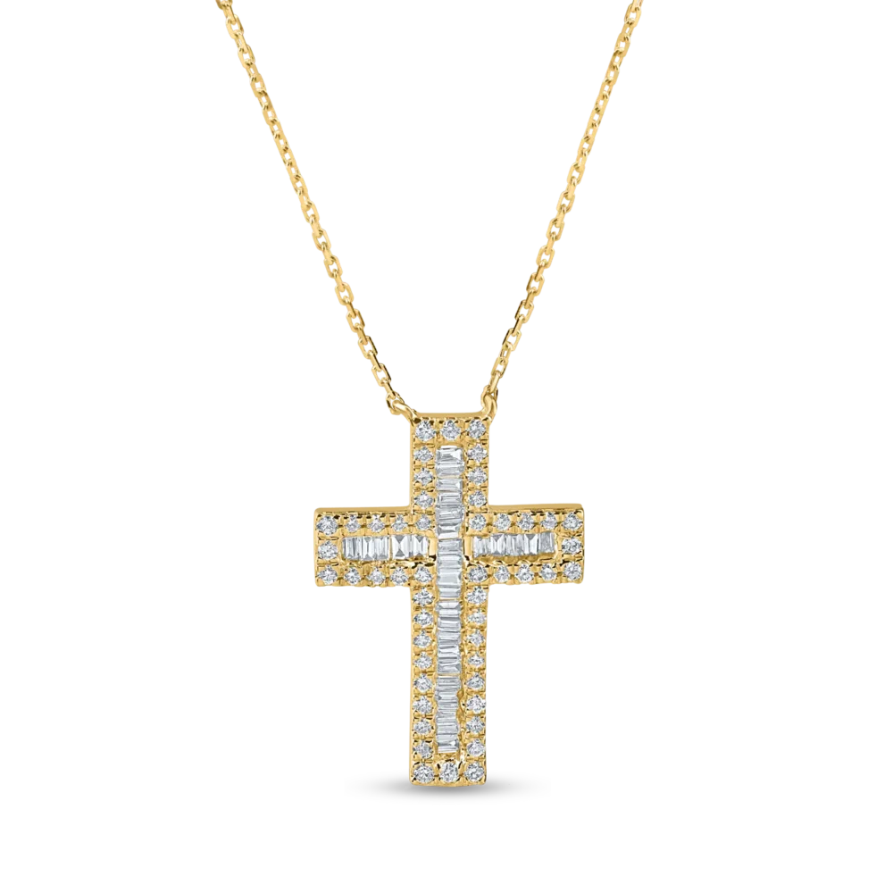 Lant cu pandantiv cruce din aur galben cu diamante baguette si rotunde de 0.4ct