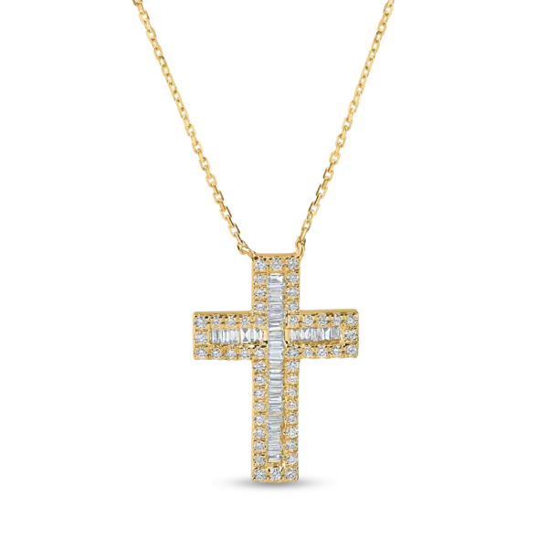 Lant cu pandantiv cruce din aur galben cu diamante baguette si rotunde de 0.4ct