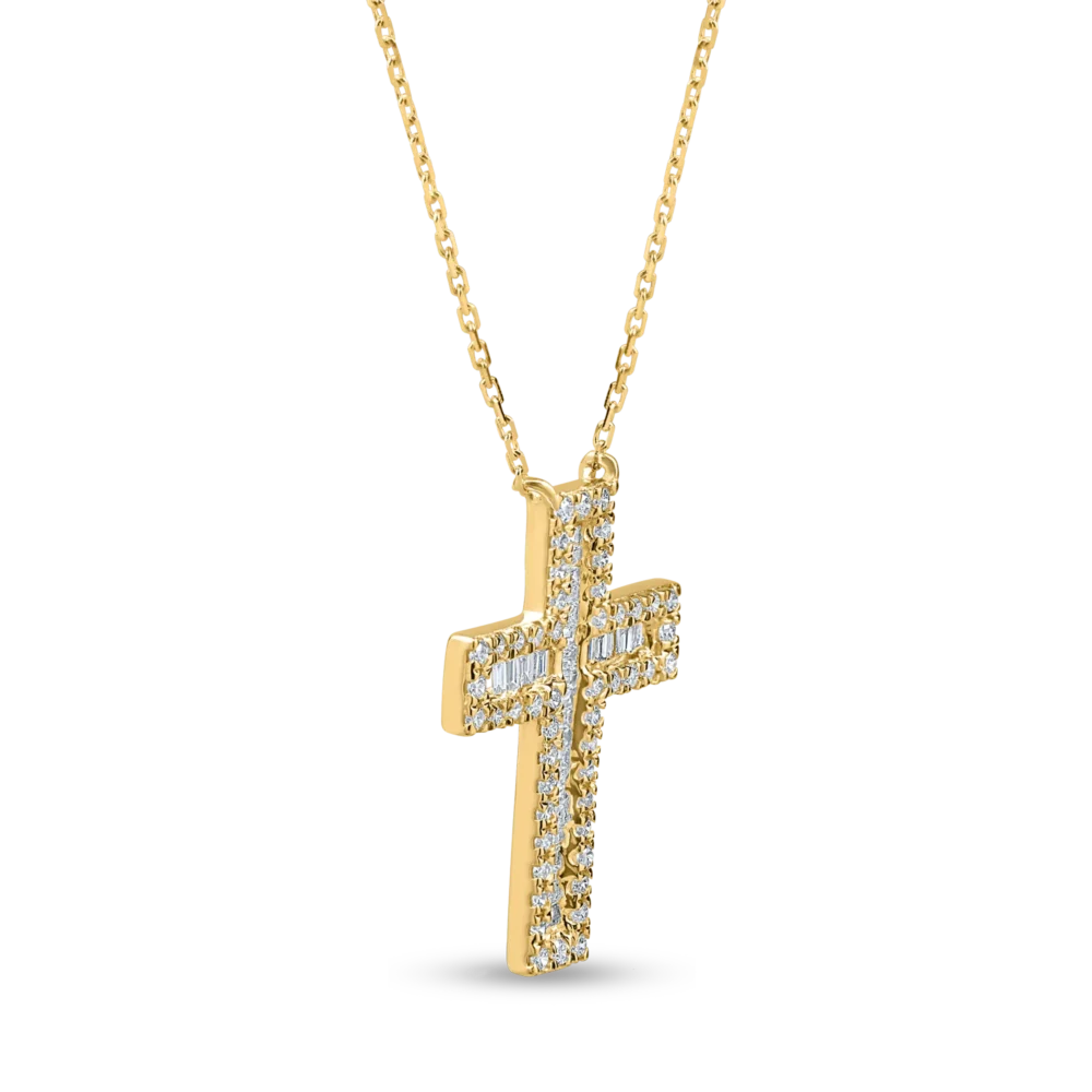 Lant cu pandantiv cruce din aur galben cu diamante baguette si rotunde de 0.4ct - imagine 2