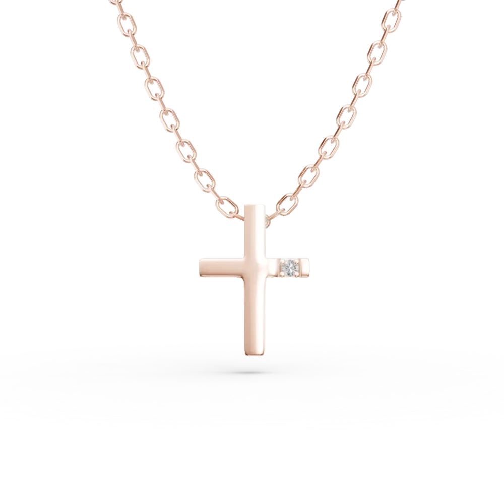 Lant cu pandantiv cruce din aur roz cu diamant de 0.006ct