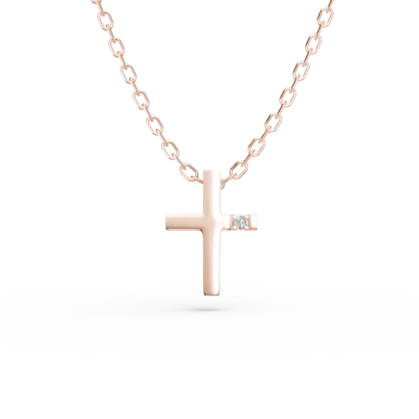 Lant cu pandantiv cruce din aur roz cu diamant de 0.006ct