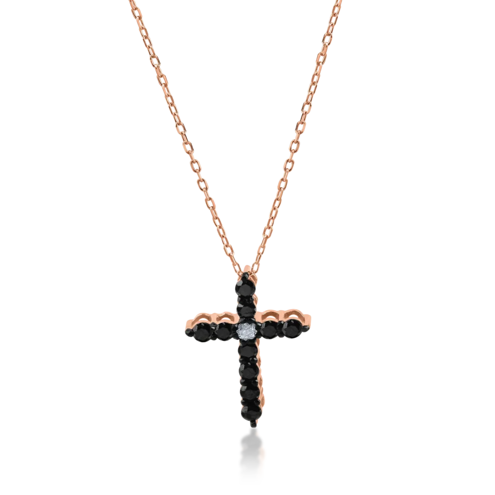 Lant cu pandantiv cruce din aur roz cu diamant incolor de 0.02ct si diamante negre de 0.2ct
