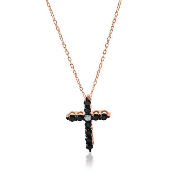Lant cu pandantiv cruce din aur roz cu diamant incolor de 0.02ct si diamante negre de 0.2ct