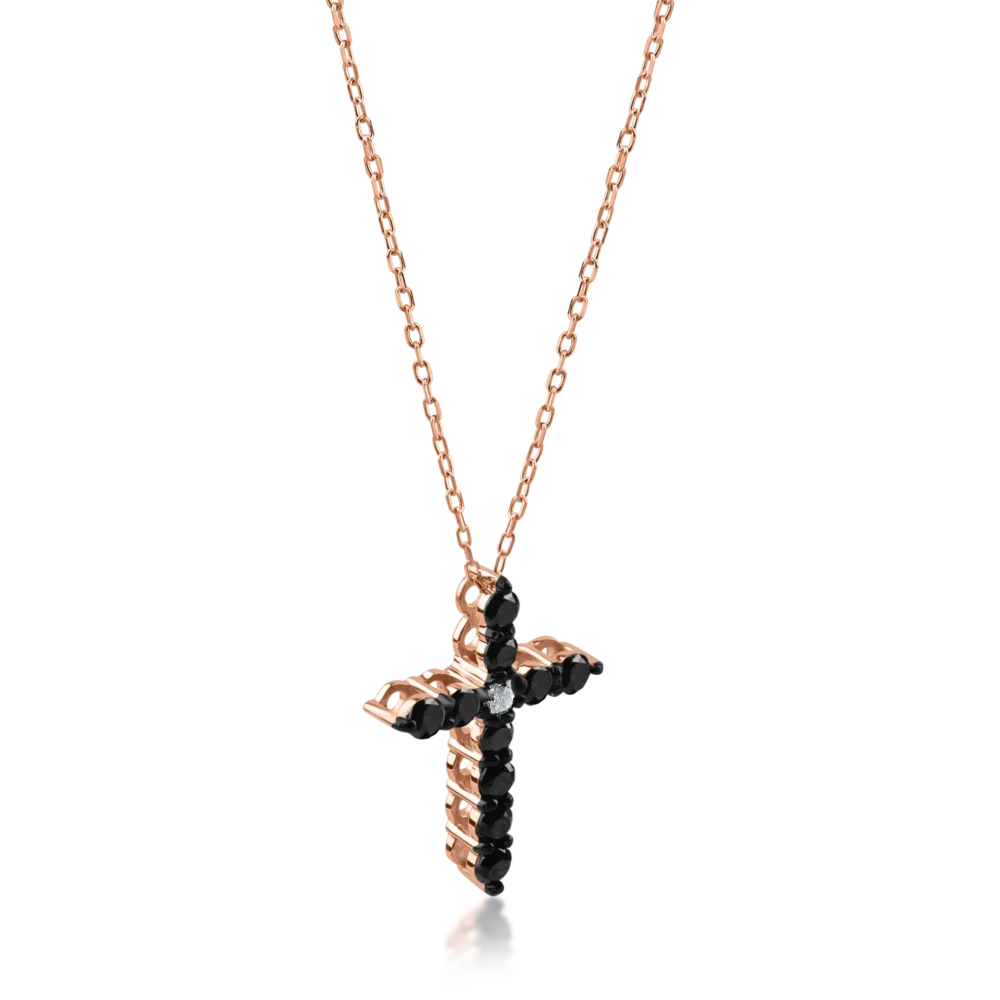 Lant cu pandantiv cruce din aur roz cu diamant incolor de 0.02ct si diamante negre de 0.2ct - imagine 2