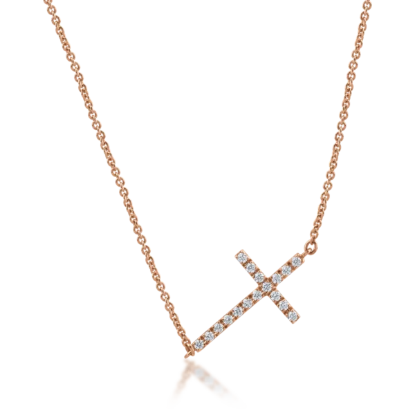 Lant cu pandantiv cruce din aur roz cu diamante de 0.28ct