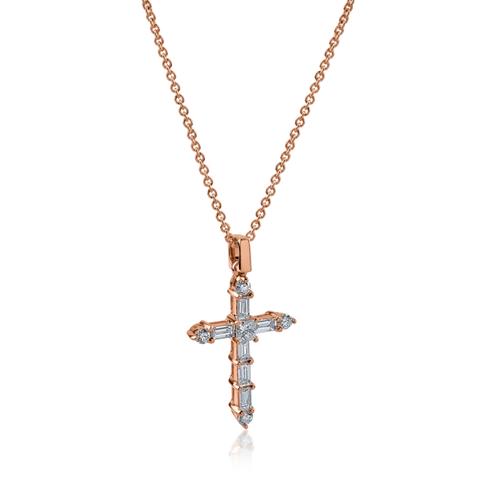 Lant cu pandantiv cruce din aur roz cu diamante baguette, princess si rotunde de 0.4ct - imagine 2