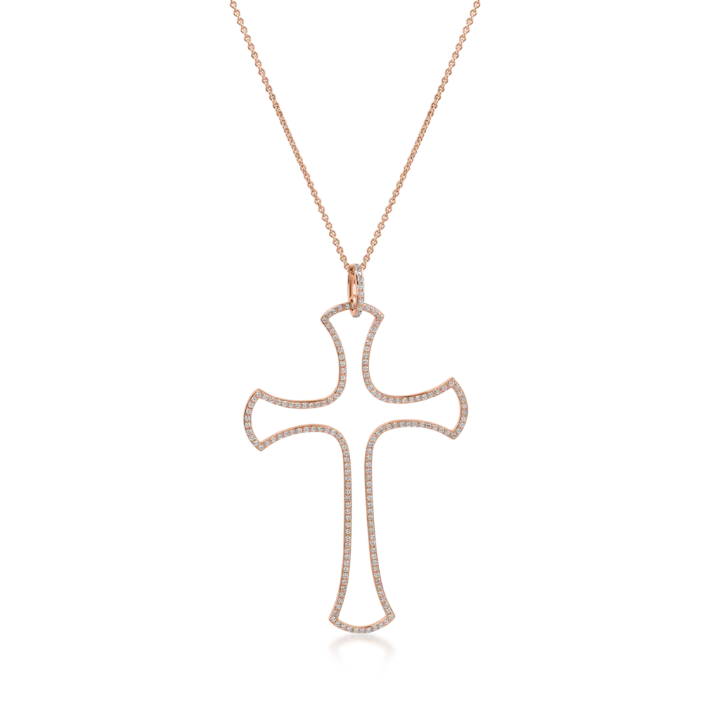 Lant cu pandantiv cruce din aur roz cu diamante de 0.9ct