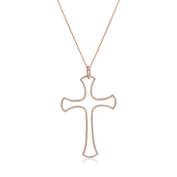 Lant cu pandantiv cruce din aur roz cu diamante de 0.9ct