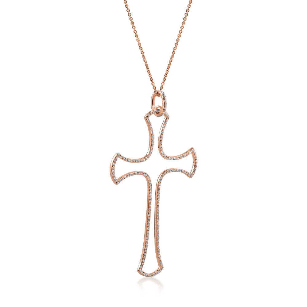 Lant cu pandantiv cruce din aur roz cu diamante de 0.9ct - imagine 2