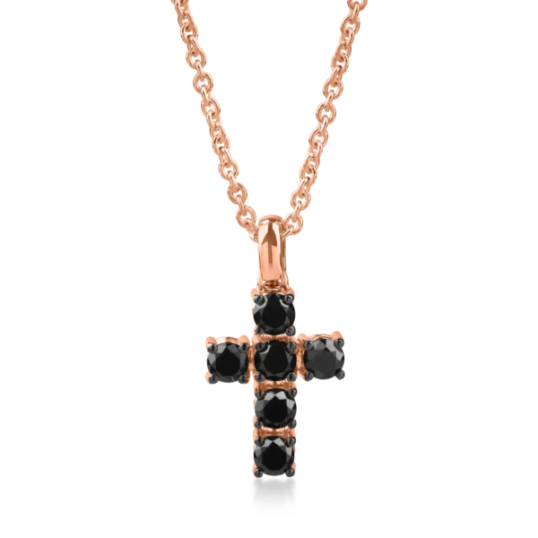 Lant cu pandantiv cruce din aur roz cu diamante negre de 0.5ct