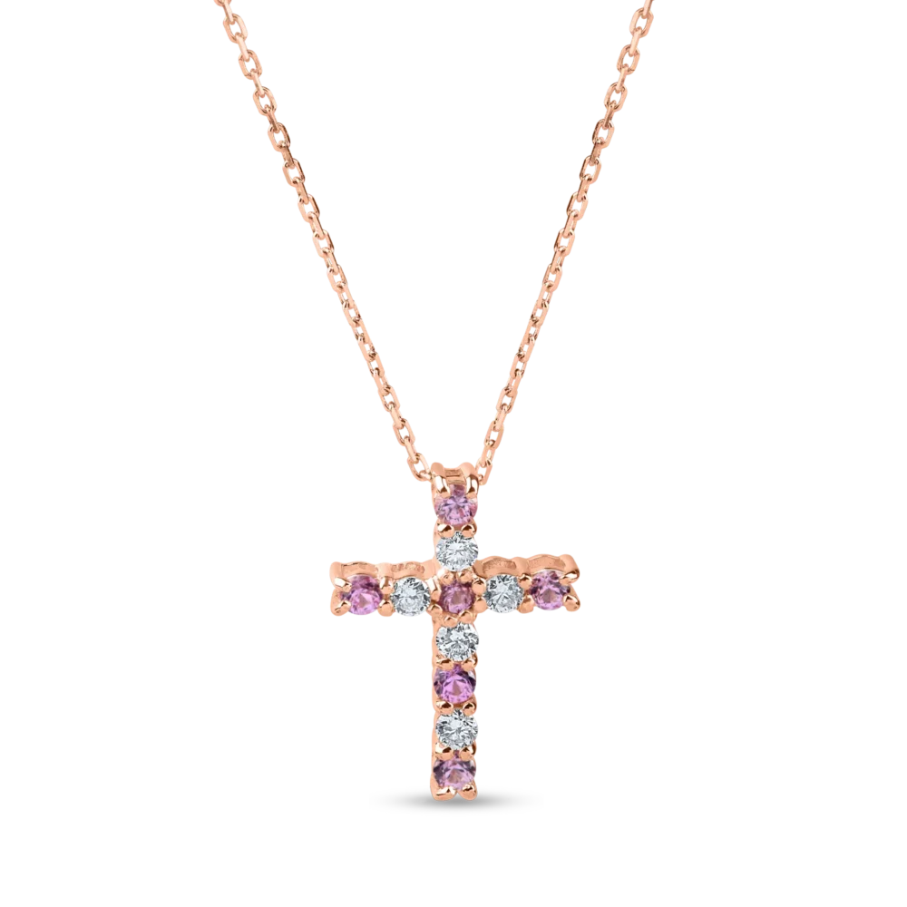 Lant cu pandantiv cruce din aur roz cu safire roz de 0.2ct si diamante de 0.1ct