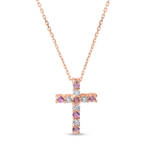 Lant cu pandantiv cruce din aur roz cu safire roz de 0.2ct si diamante de 0.1ct