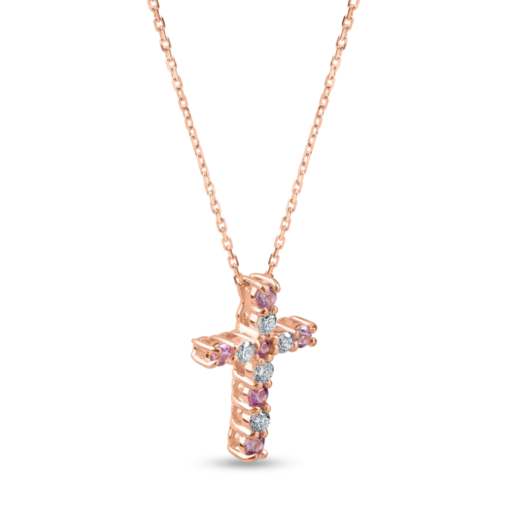Lant cu pandantiv cruce din aur roz cu safire roz de 0.2ct si diamante de 0.1ct - imagine 2