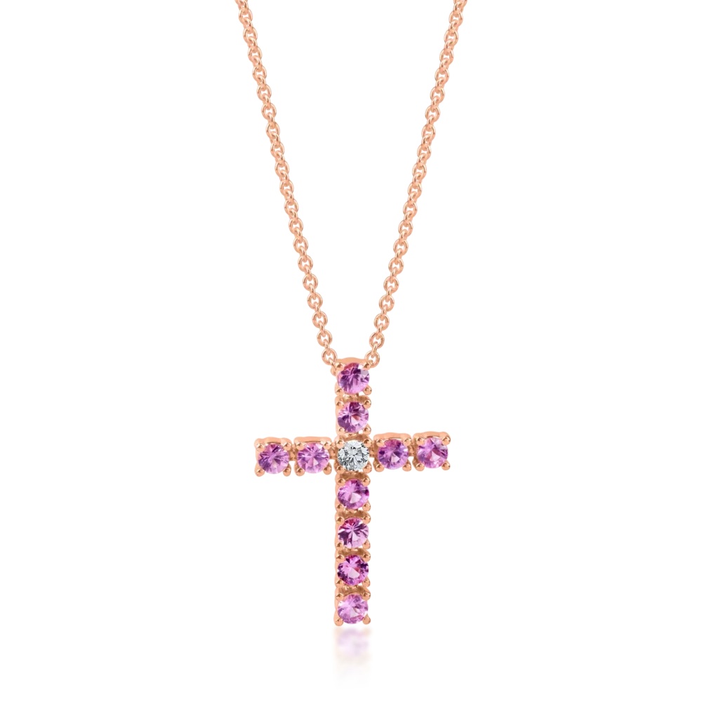 Lant cu pandantiv cruce din aur roz cu safire roz de 0.95ct si diamant de 0.08ct
