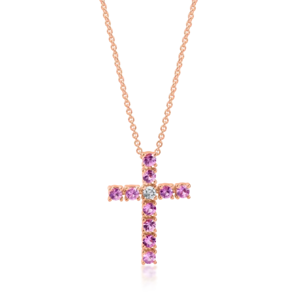 Lant cu pandantiv cruce din aur roz cu safire roz de 0.95ct si diamant de 0.08ct