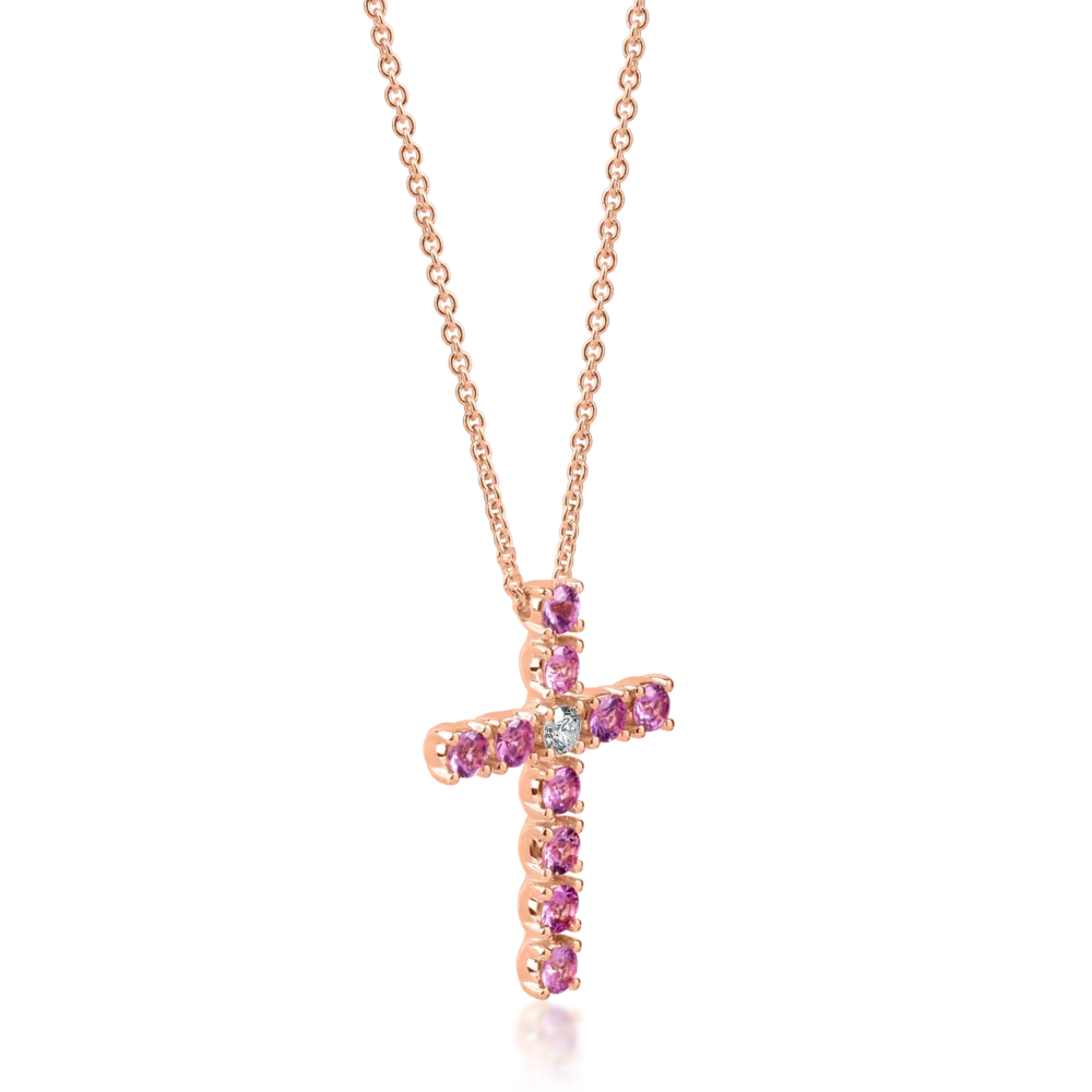 Lant cu pandantiv cruce din aur roz cu safire roz de 0.95ct si diamant de 0.08ct - imagine 2