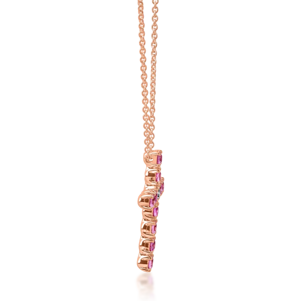 Lant cu pandantiv cruce din aur roz cu safire roz de 0.95ct si diamant de 0.08ct - imagine 3