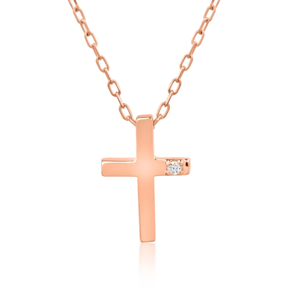 Lant cu pandantiv cruce din aur roz cu diamant de 0.01ct