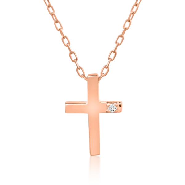 Lant cu pandantiv cruce din aur roz cu diamant de 0.01ct