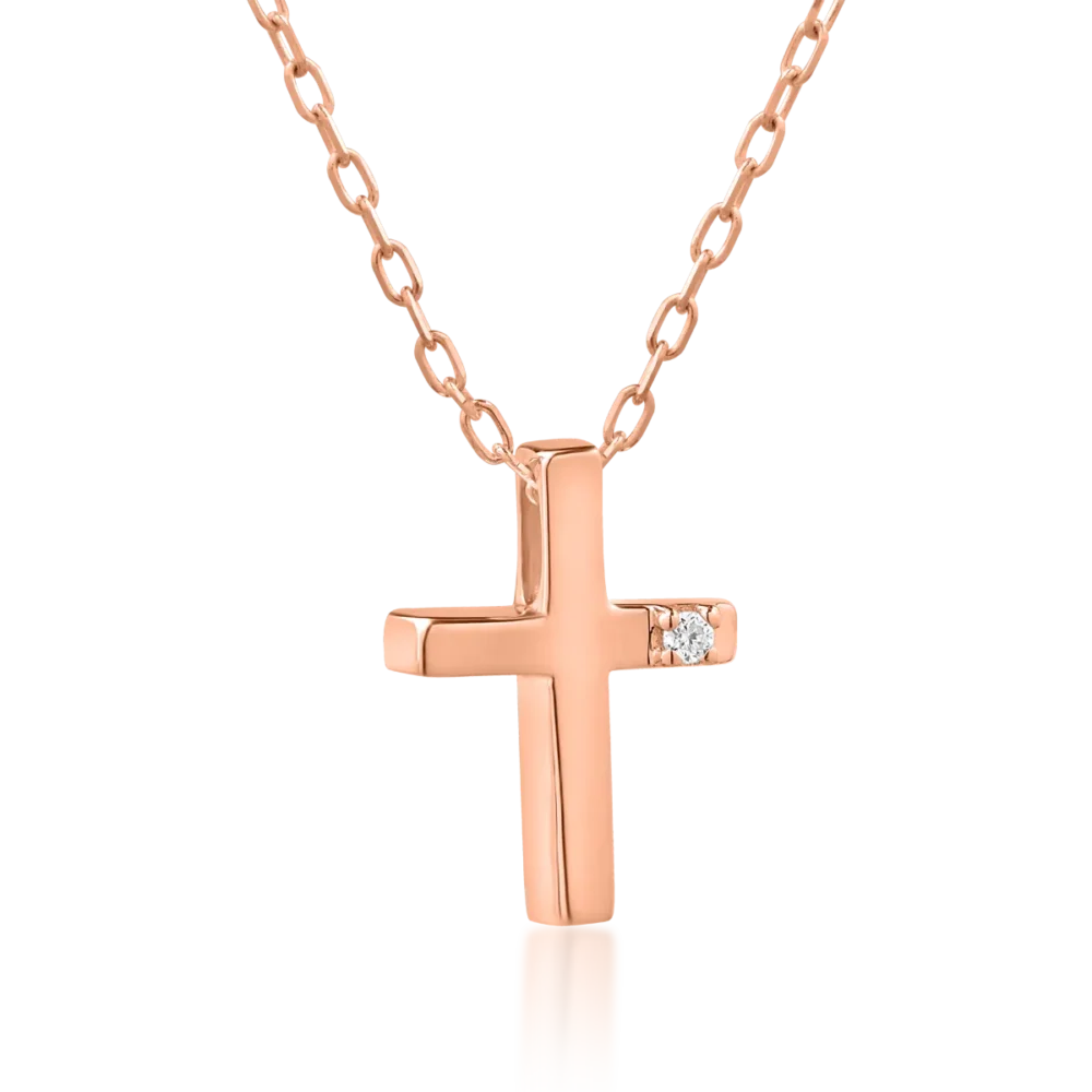 Lant cu pandantiv cruce din aur roz cu diamant de 0.01ct - imagine 2