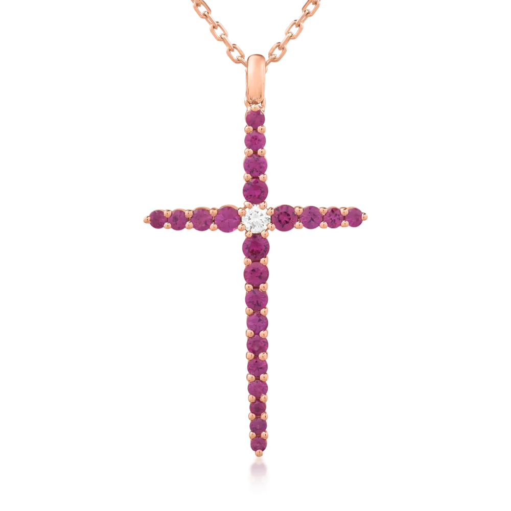 Lant cu pandantiv cruce din aur roz cu diamant de 0.09ct si rubine de 1.08ct