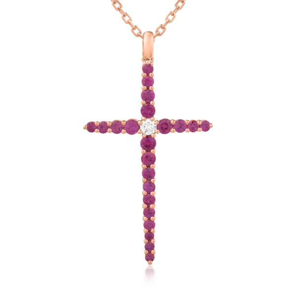 Lant cu pandantiv cruce din aur roz cu diamant de 0.09ct si rubine de 1.08ct