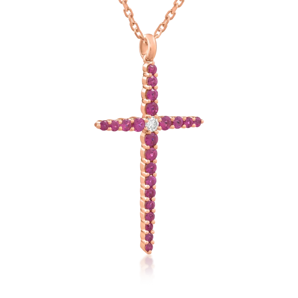 Lant cu pandantiv cruce din aur roz cu diamant de 0.09ct si rubine de 1.08ct - imagine 2